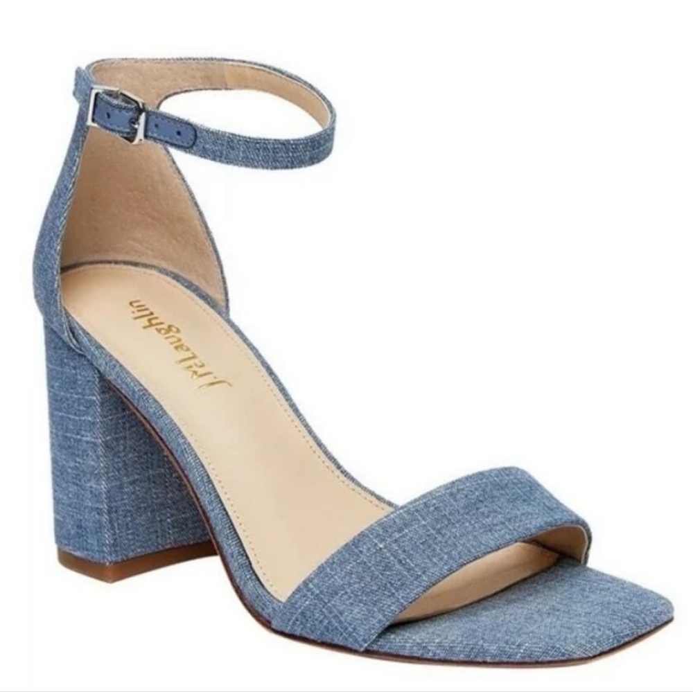 J Mclaughlin Esme Ankle Strap Block Heel Chambray Denim Blue Sandals Size 11M